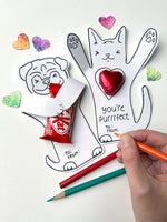 Free printable Valentine's treat holders. Cat and dog printable Valentine's for colouring. Illustrated by Christine Jamieson of Found and Lost Art