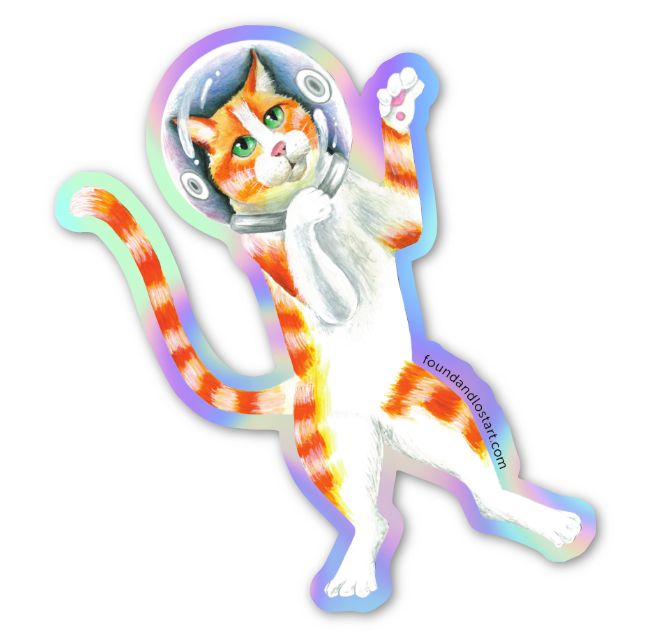 holographic vinyl sticker - Space Cat - orange tabby