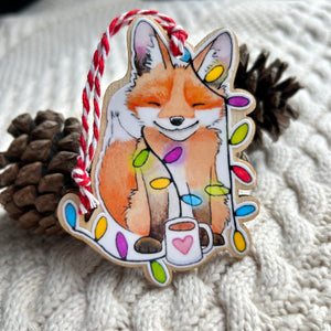 Holiday Wooden Ornament - fox with lights