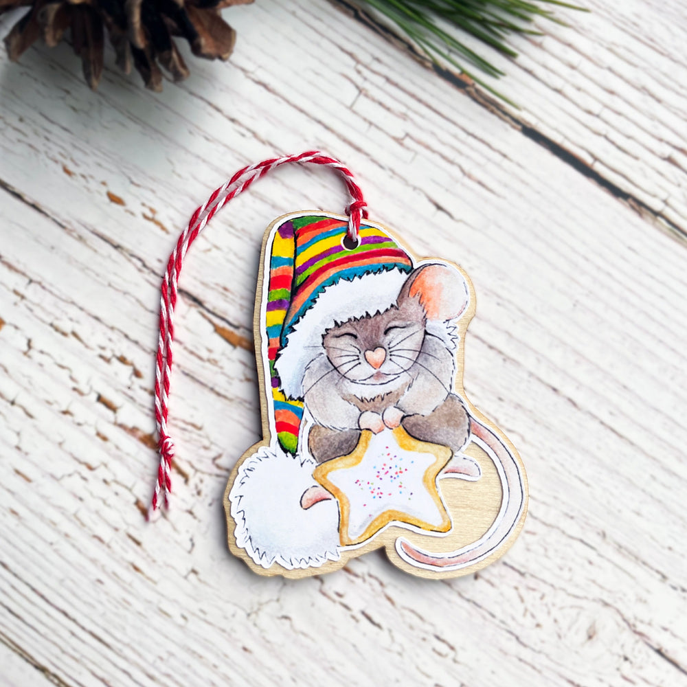 Holiday Wooden Ornament - Mouse