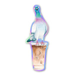 holographic vinyl sticker - 'buzzed' pigeon with iced coffee