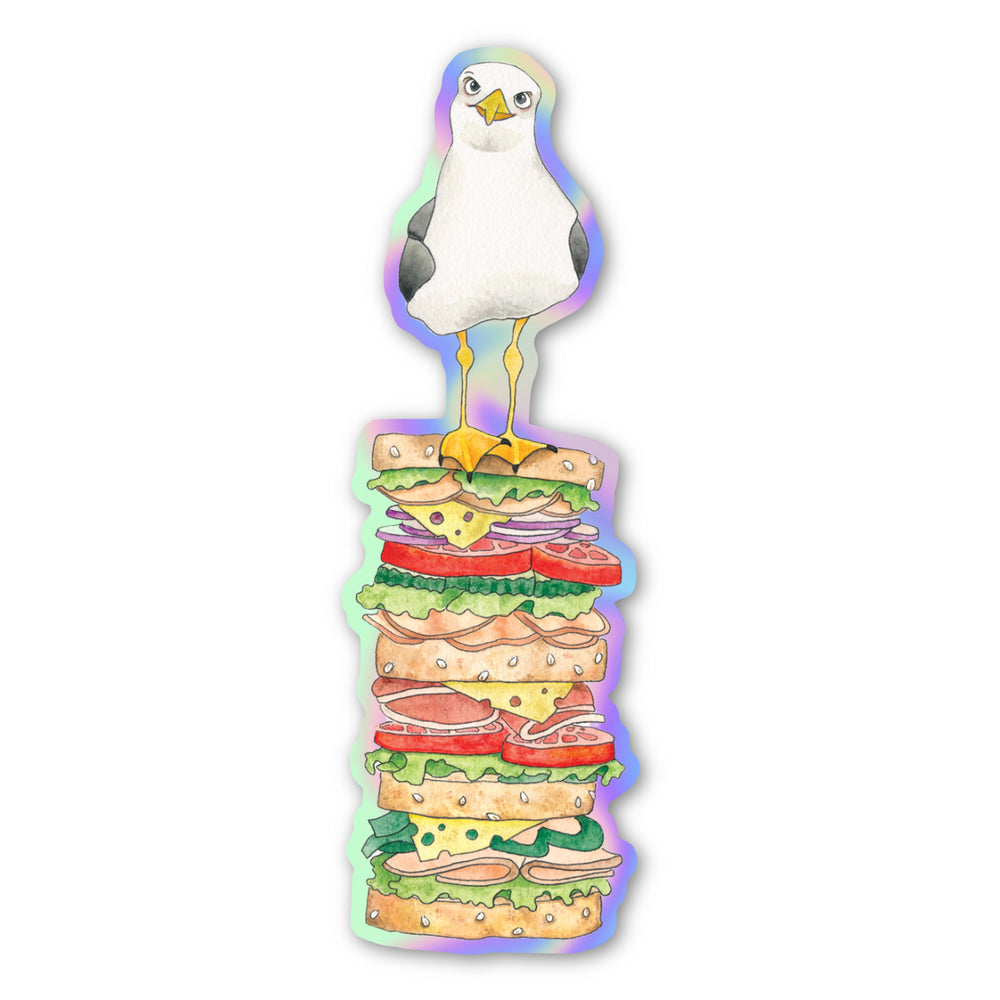 holographic vinyl sticker - seagull on sandwich