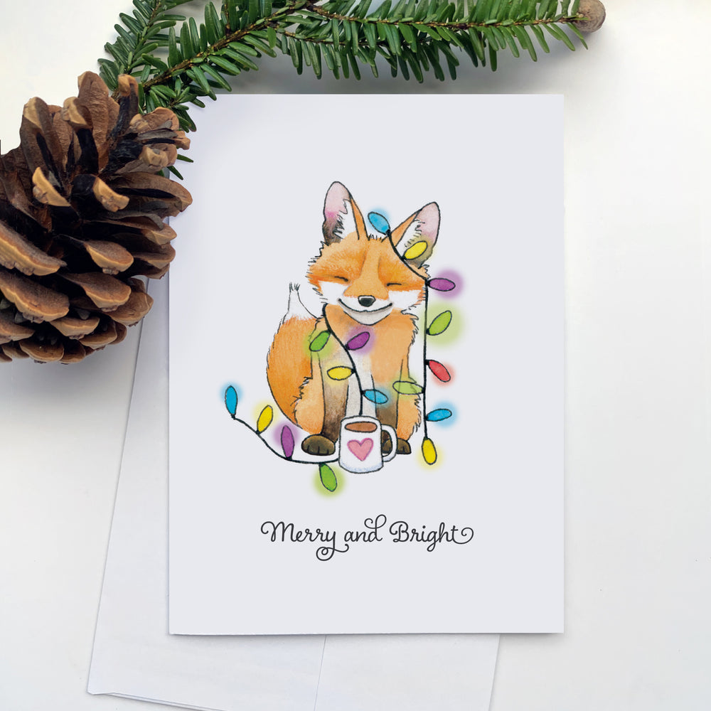 Holiday Greeting Card - Merry and Bright - Fox with lights